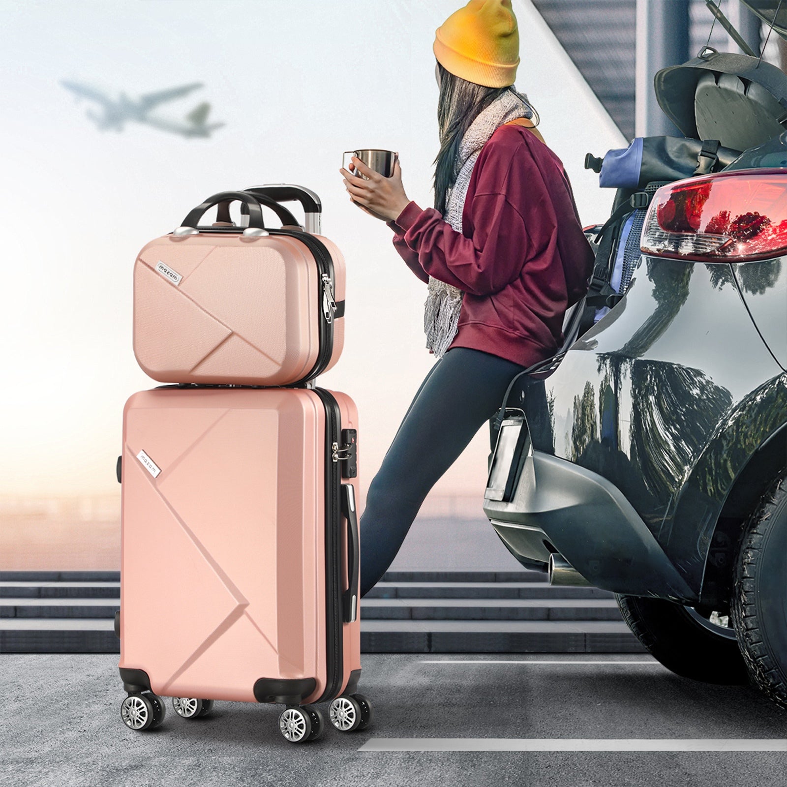 Mazam 2PCS Luggage Suitcase Trolley Set Travel TSA Lock Storage Hard Case Pink - Sunyee