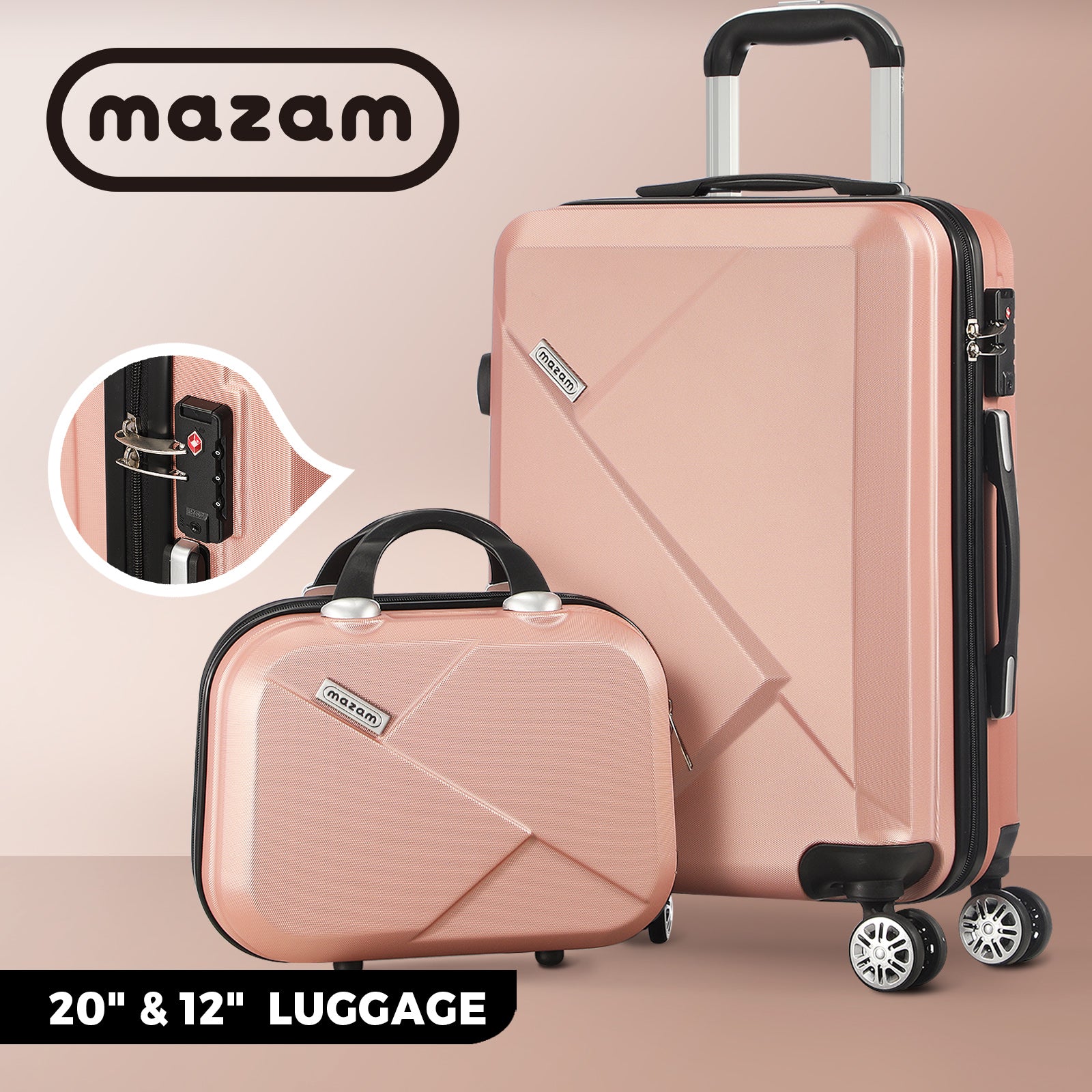Mazam 2PCS 20+12" Luggage Suitcase Trolley Set Travel TSA Lock Storage Hard Case - Sunyee