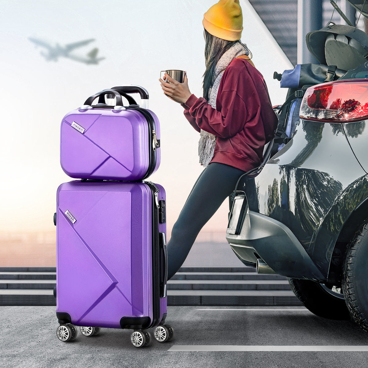 Mazam 2PCS Luggage Suitcase Trolley Set Travel TSA Lock Storage Hard Case Purple - Sunyee