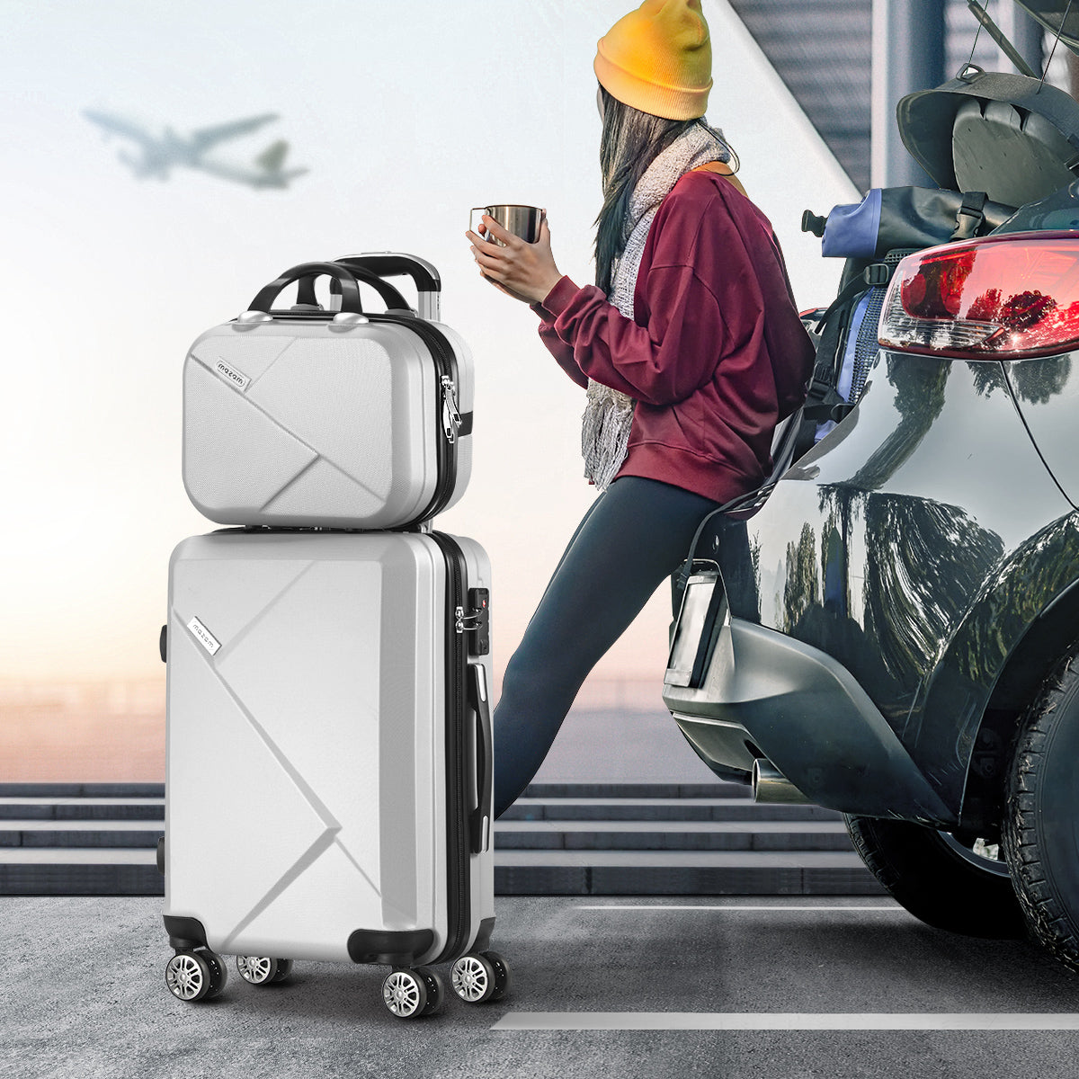 Mazam 2PCS Luggage Suitcase Trolley Set Travel TSA Lock Storage Hard Case Silver - Sunyee