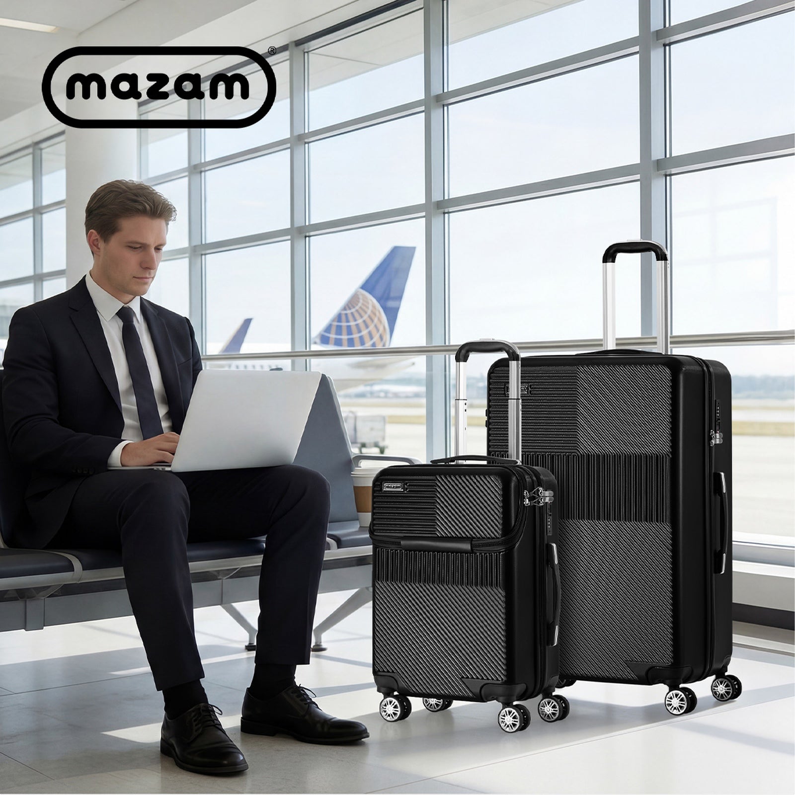 Mazam 2PCS Luggage Suitcase Trolley Set Travel TSA Lock Carry On Hard Case Black - Sunyee