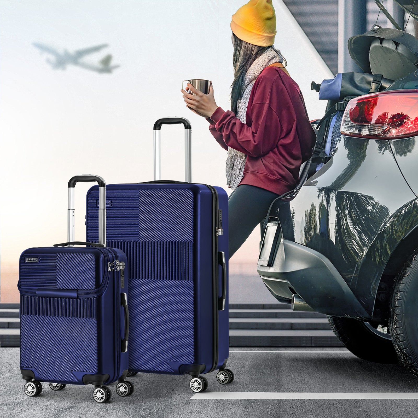 Mazam 2PCS Luggage Suitcase Trolley Set Travel TSA Lock Carry On Hard Case Navy - Sunyee