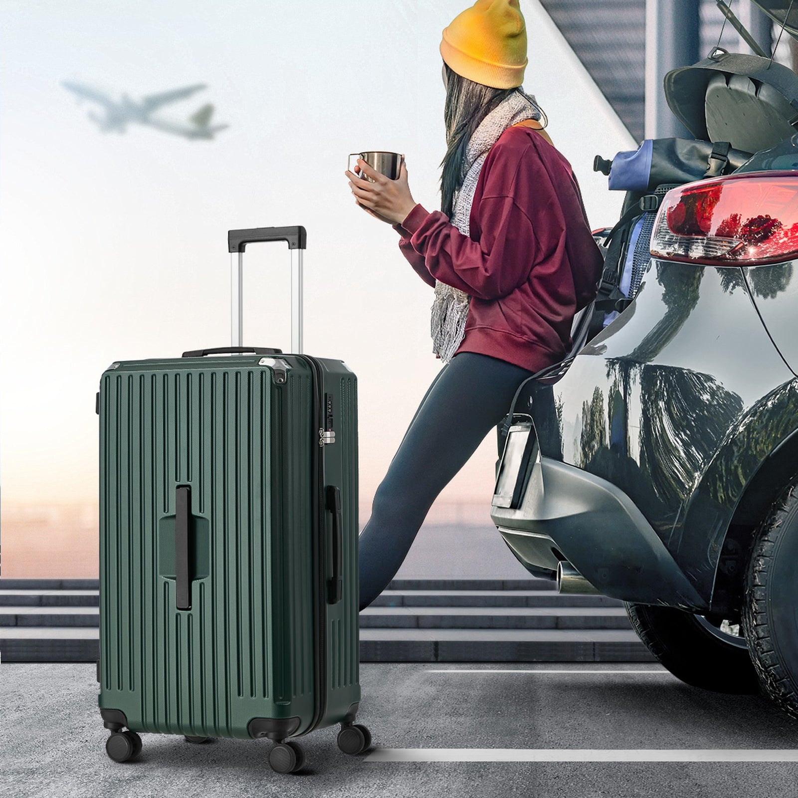 Mazam 28" Luggage Suitcase Travel TSA Lock Hard Shell Case with Cup Holder Green - Sunyee