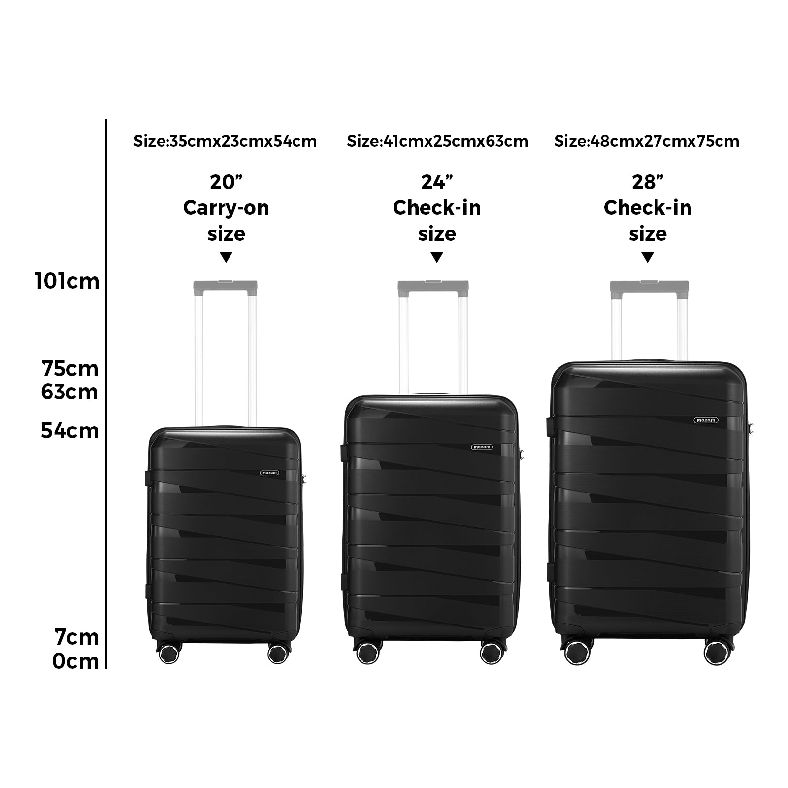 Mazam 3PCS Luggage Suitcase Trolley Set Travel TSA Lock Storage PP Case Black - Sunyee