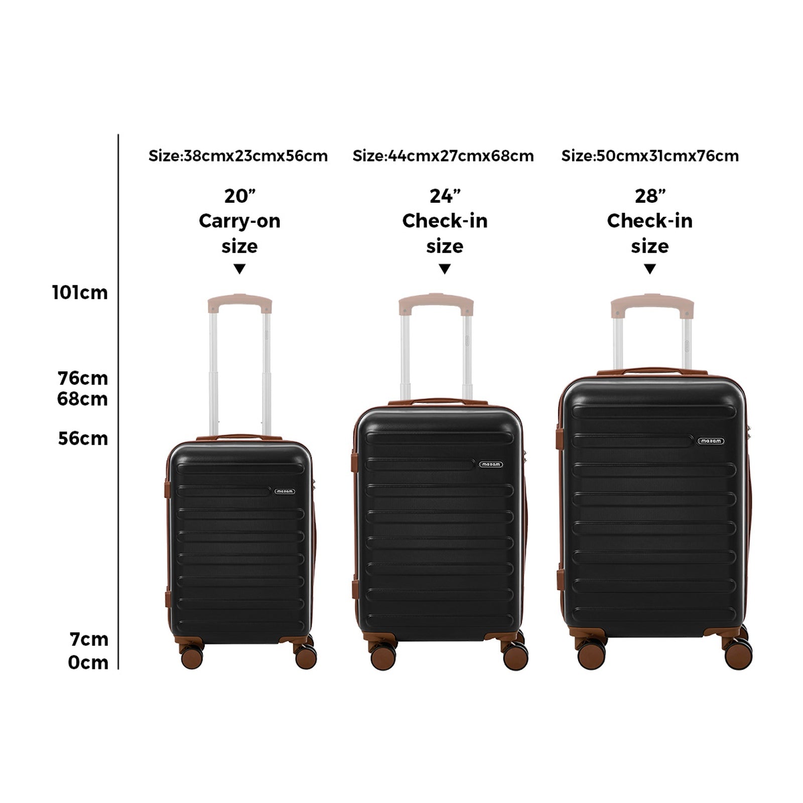 Mazam 3PCS Luggage Suitcase Trolley Set Travel TSA Lock Hard Shell Case Black - Sunyee