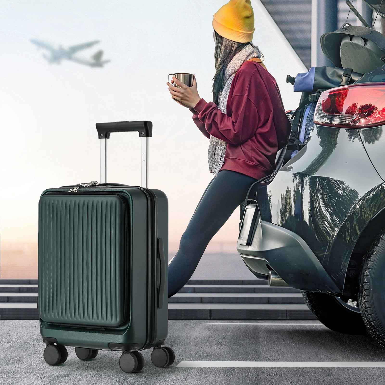 Mazam 2PCS Luggage Suitcase Trolley Set Front Opening TSA Lock Hard Case Green - Sunyee