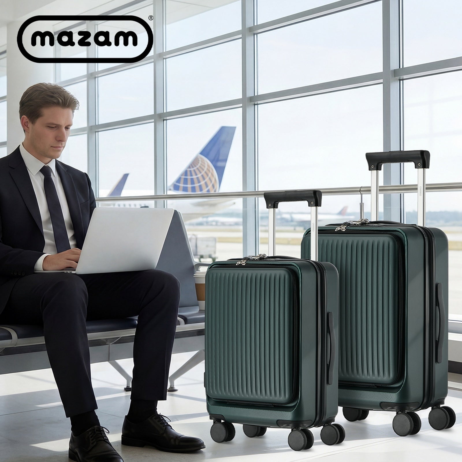 Mazam 2PCS Luggage Suitcase Trolley Set Front Opening TSA Lock Hard Case Green - Sunyee