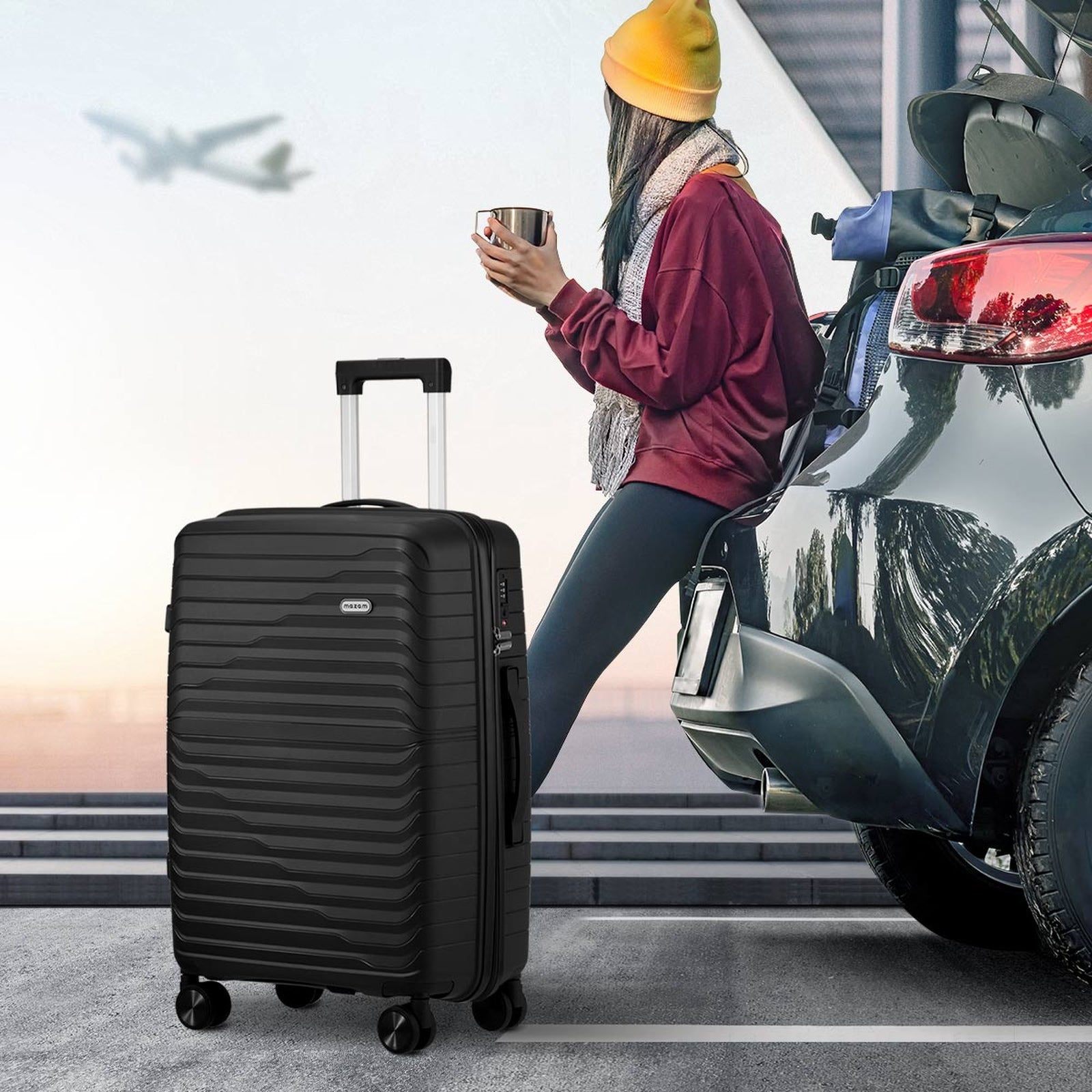 Mazam 3PCS Luggage Suitcase Trolley Set Travel TSA Lock Storage Black PP Case - Sunyee
