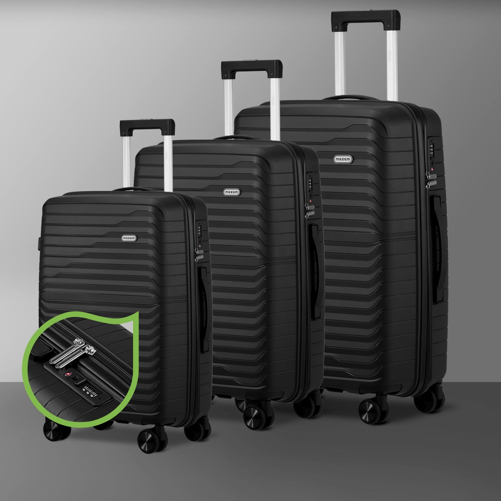 Mazam 3PCS Luggage Suitcase Trolley Set Travel TSA Lock Storage Black PP Case - Sunyee