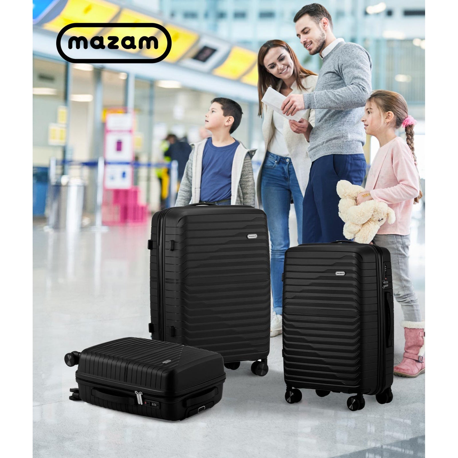Mazam 3PCS Luggage Suitcase Trolley Set Travel TSA Lock Storage Black PP Case - Sunyee