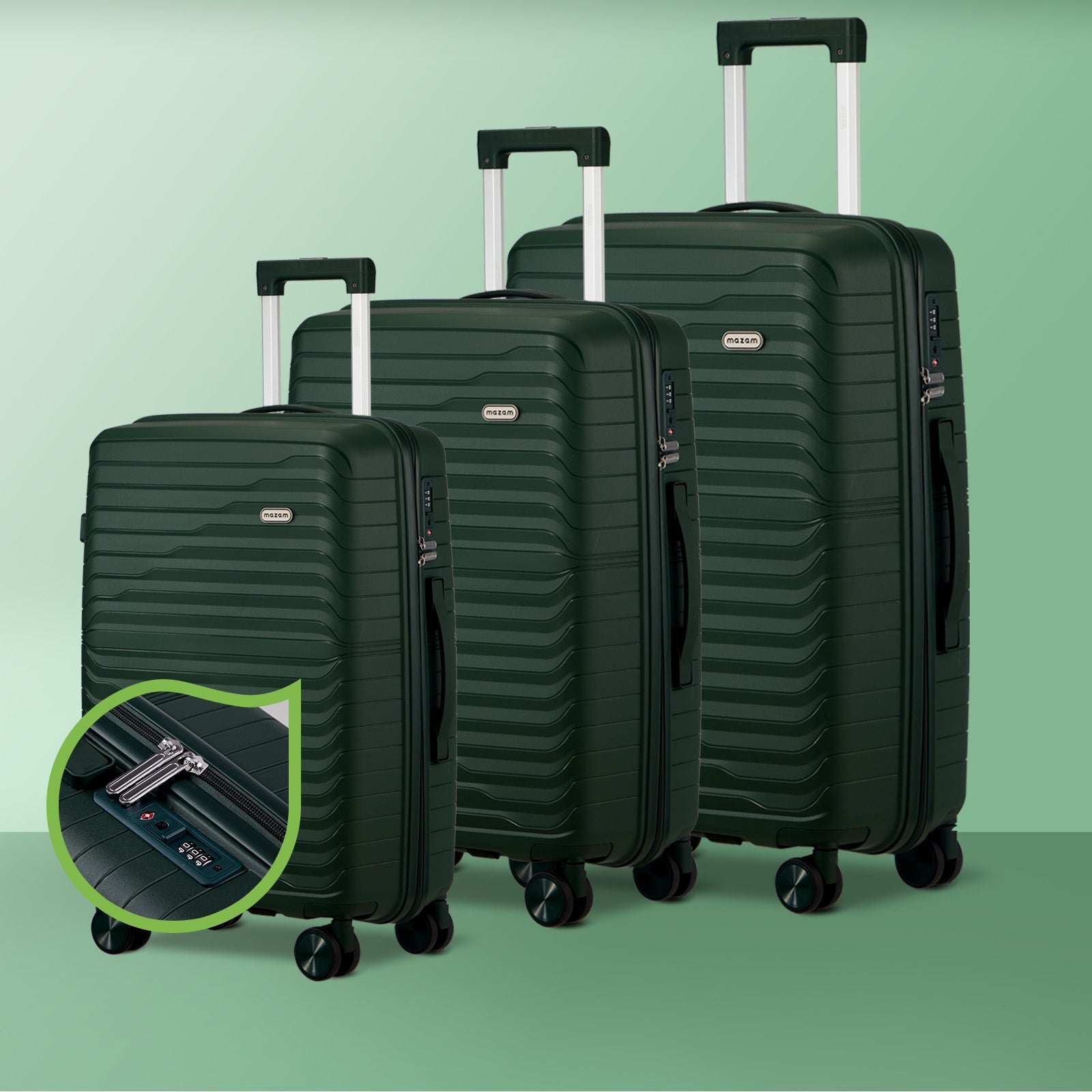 Mazam 3PCS Luggage Suitcase Trolley Set Travel TSA Lock Storage Green PP Case - Sunyee