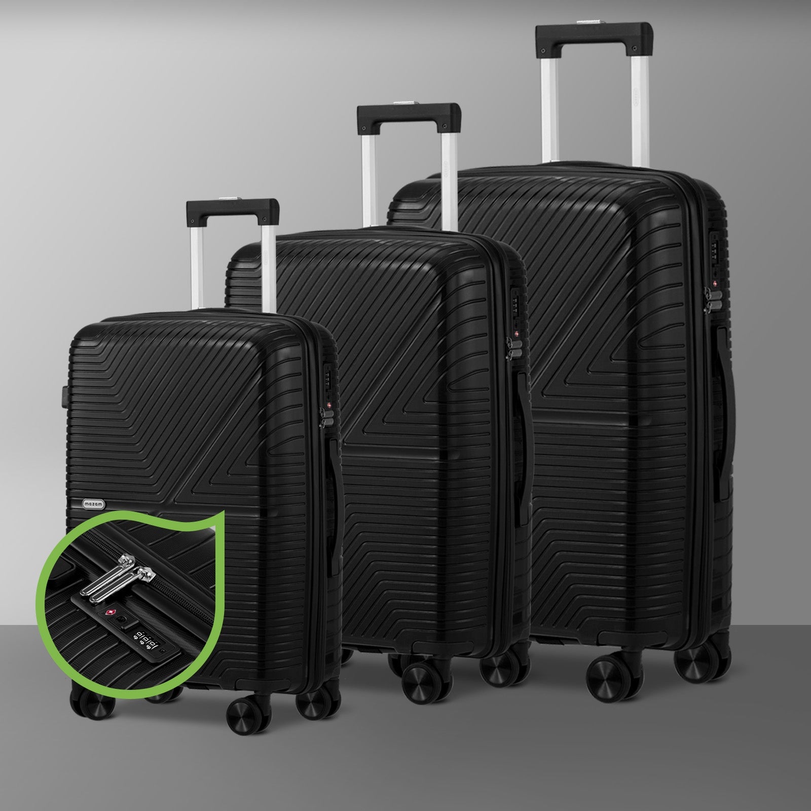 Mazam 3PCS Luggage Suitcase Trolley Set Travel Black PP Case TSA Lock Storage - Sunyee
