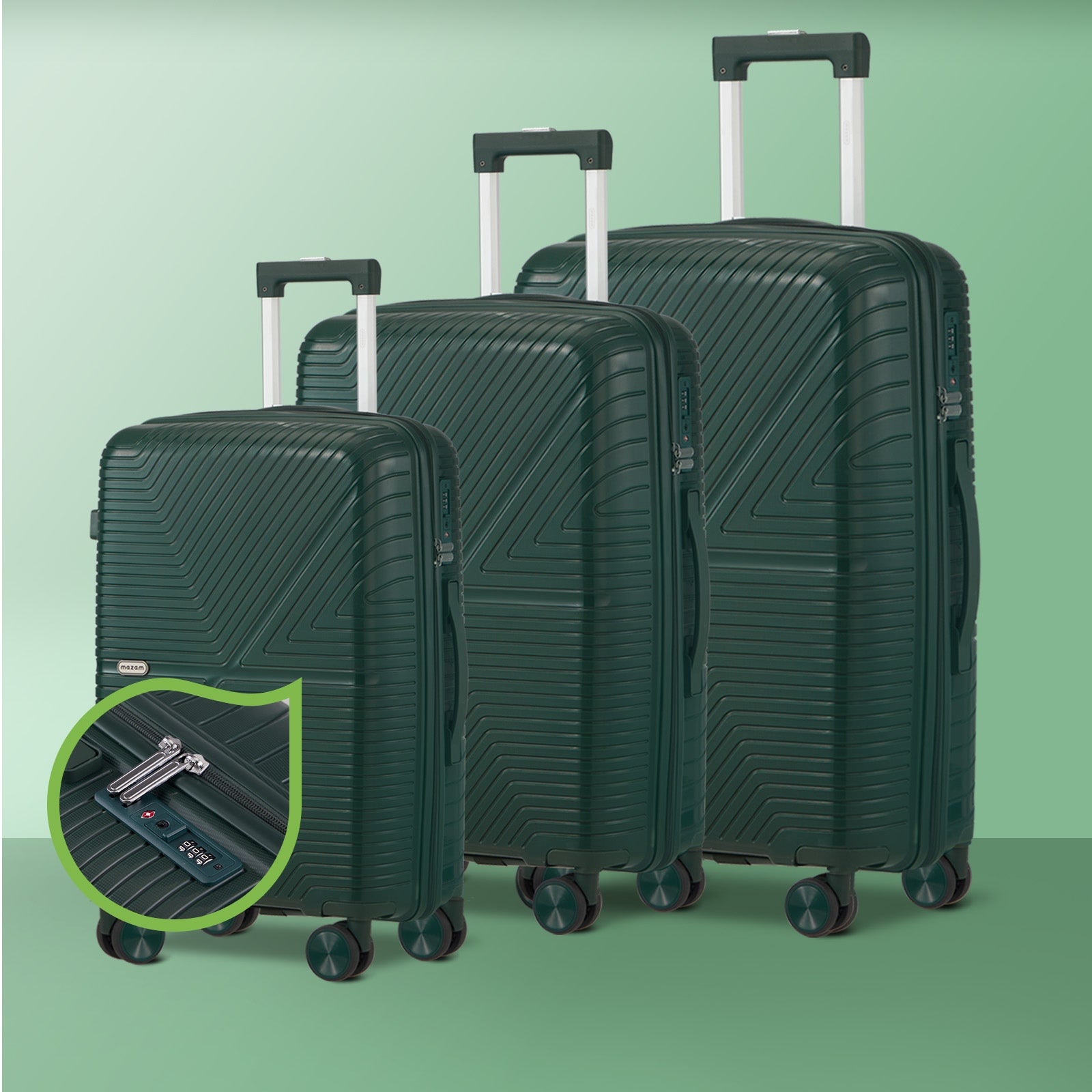 Mazam 3PCS Luggage Suitcase Trolley Set Travel Green PP Case TSA Lock Storage - Sunyee