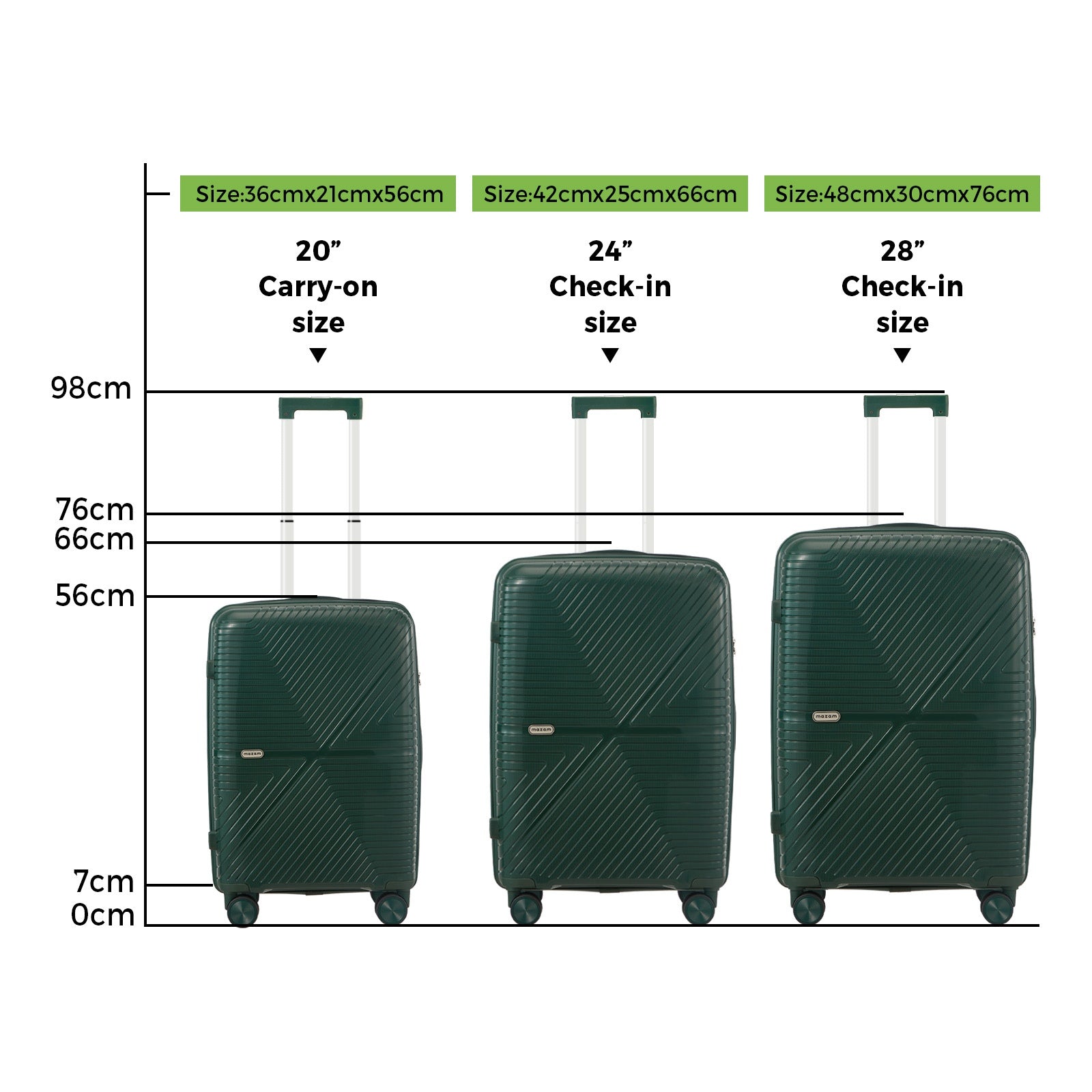 Mazam 3PCS Luggage Suitcase Trolley Set Travel Green PP Case TSA Lock Storage - Sunyee