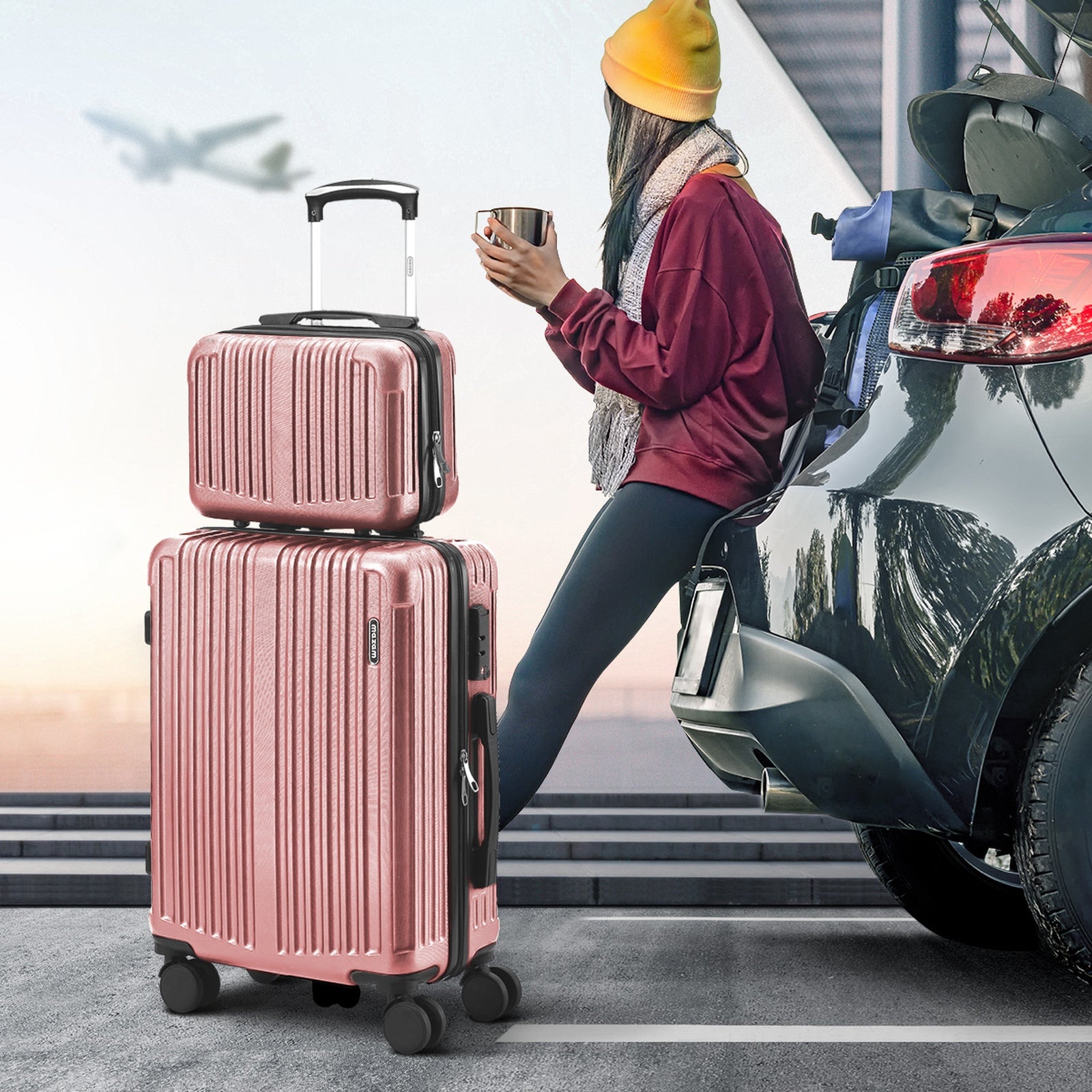 Mazam 2PCS Luggage Suitcase Trolley Set Carry On TSA Storage Hard Case Pink - Sunyee