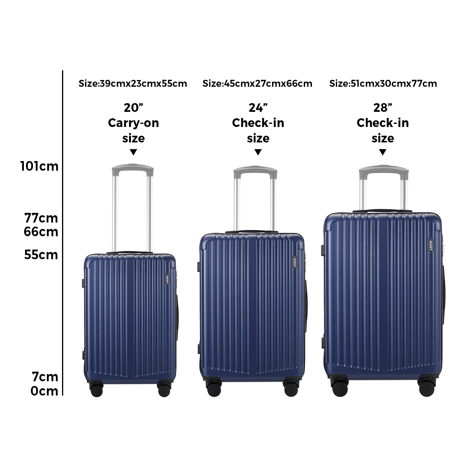Mazam 3PCS Luggage Suitcase Trolley Set Travel TSA Lock Storage ABS Case Navy - Sunyee