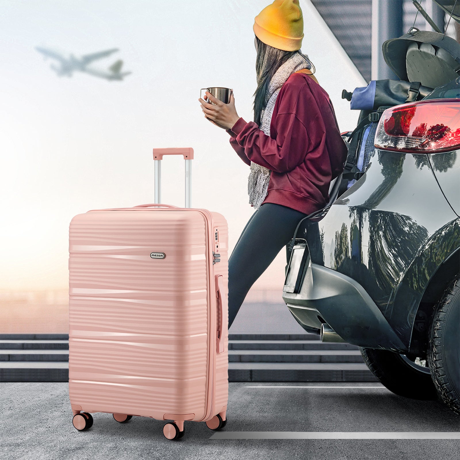 Mazam 3PCS Luggage Suitcase Trolley Set Travel PP Case TSA Lock Storage Pink - Sunyee