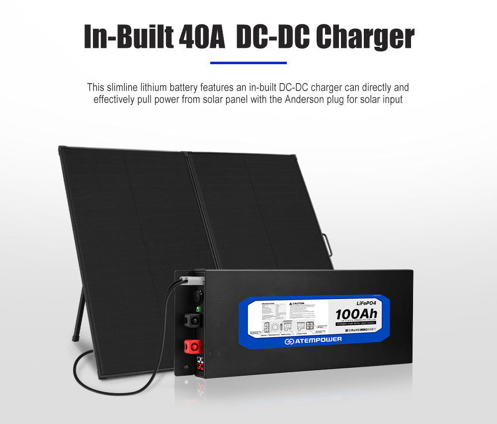 Atem Power 12V 100Ah Slimline Lithium Battery Built-in 40A DC-DC Charger - Sunyee