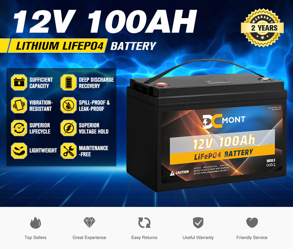 DC MONT 100Ah 12V Lithium Battery LiFePO4 Phosphate Deep Cycle Rechargeable - Sunyee