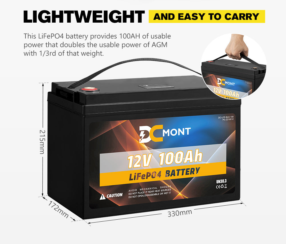 DC MONT 100Ah 12V Lithium Battery LiFePO4 Phosphate Deep Cycle Rechargeable - Sunyee