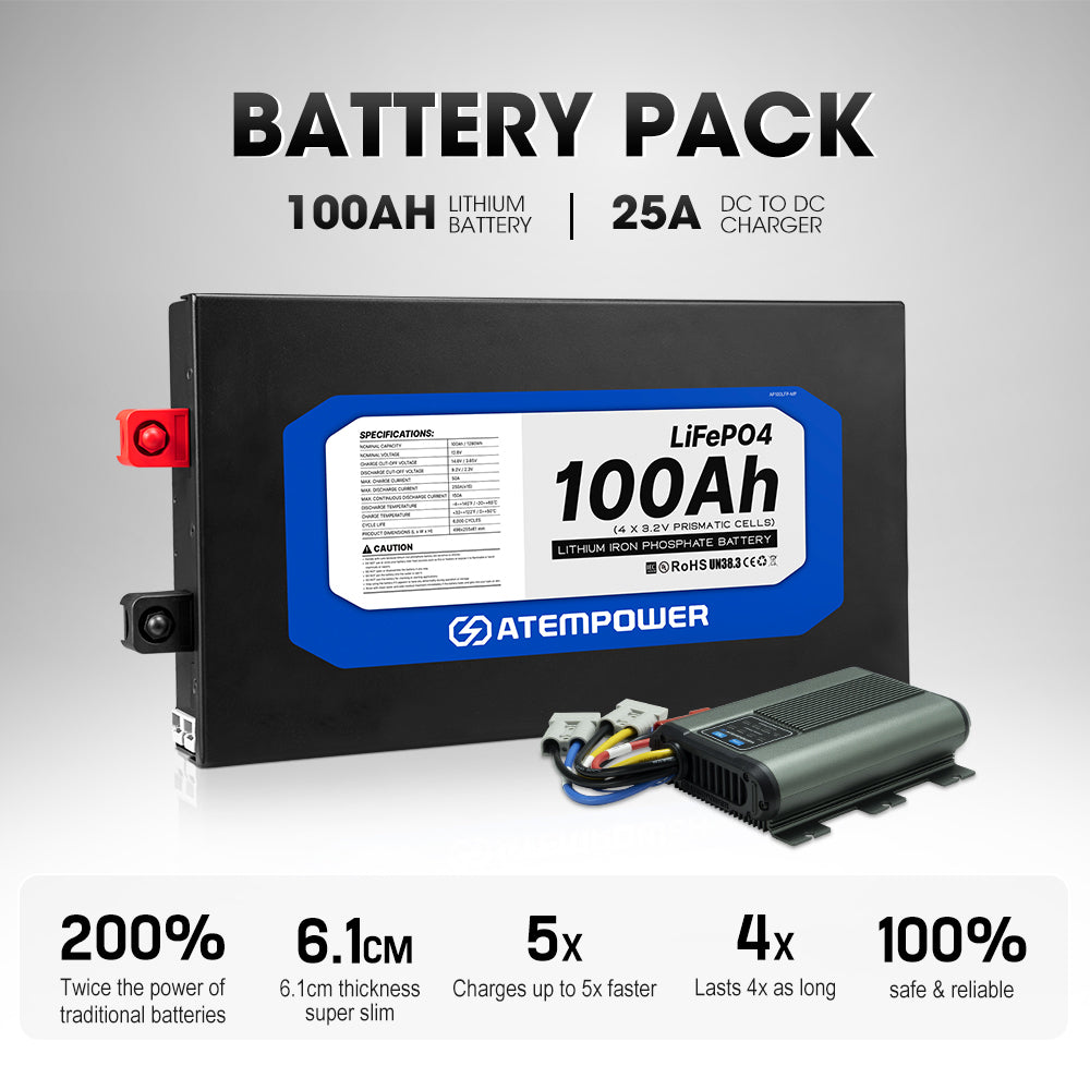 Atem Power 12V 100Ah Slimline Lithium Battery + 12V 25A DC to DC Battery Charger - Sunyee