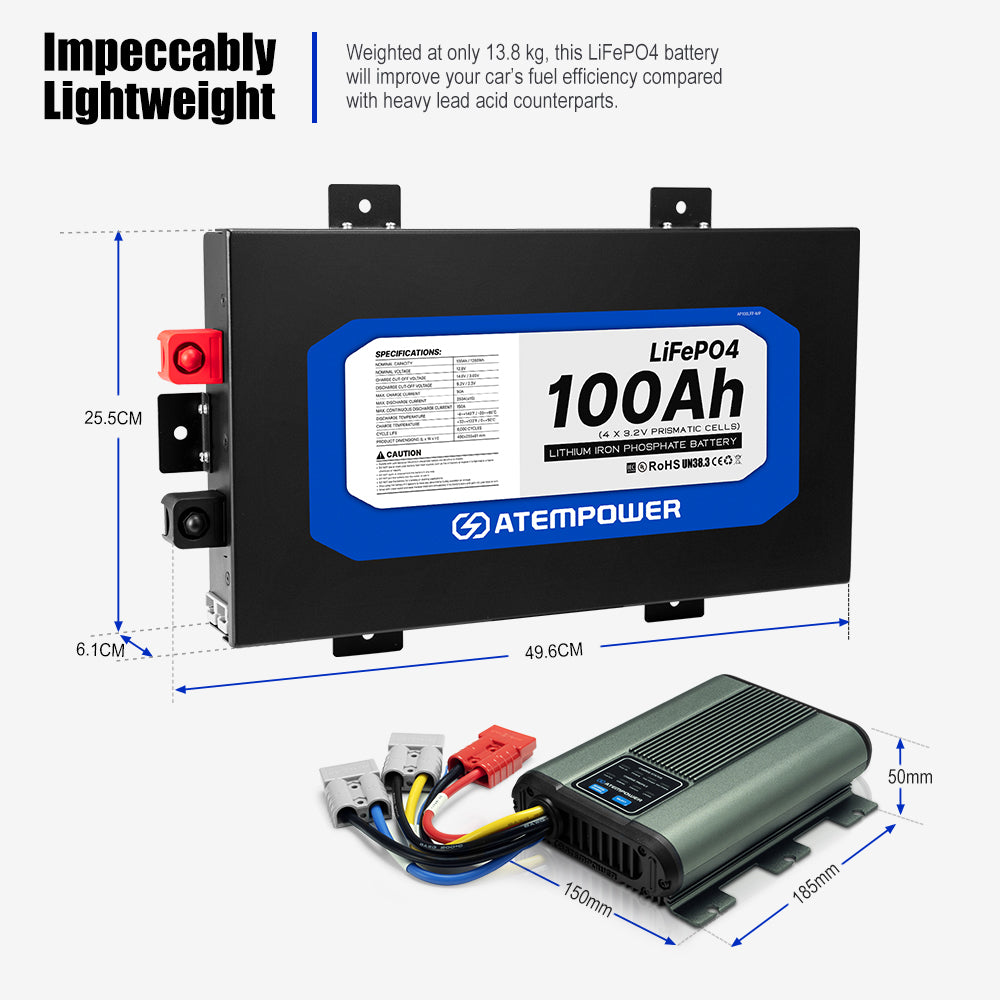 Atem Power 12V 100Ah Slimline Lithium Battery + 12V 25A DC to DC Battery Charger - Sunyee