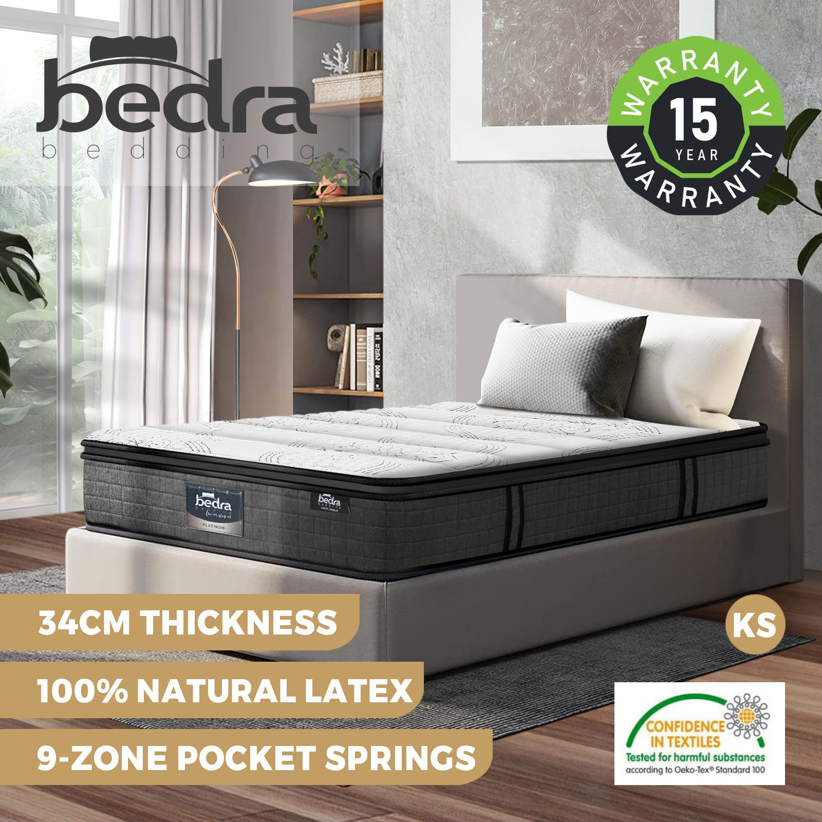 Bedra King Single Mattress Latex Foam Pocket Spring 9 Zone Firm 34cm - Sunyee