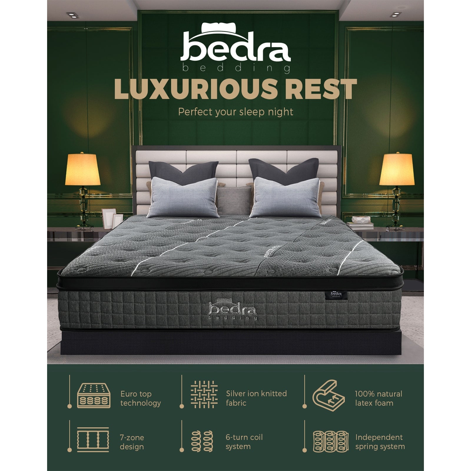 Bedra Double Mattress Breathable Spring Mattress Euro Top Latex Foam 34cm 7 zone - Sunyee