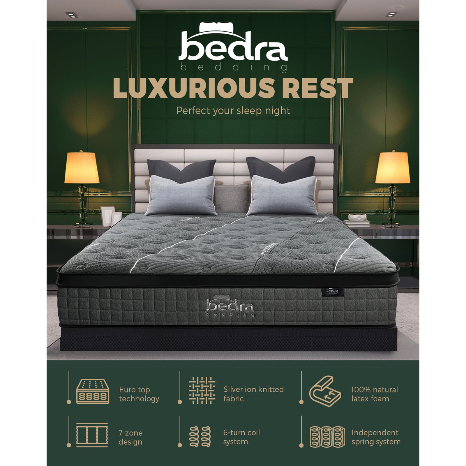 Bedra Queen Mattress Breathable Spring Mattress Euro Top Latex Foam 34cm 7 zone - Sunyee