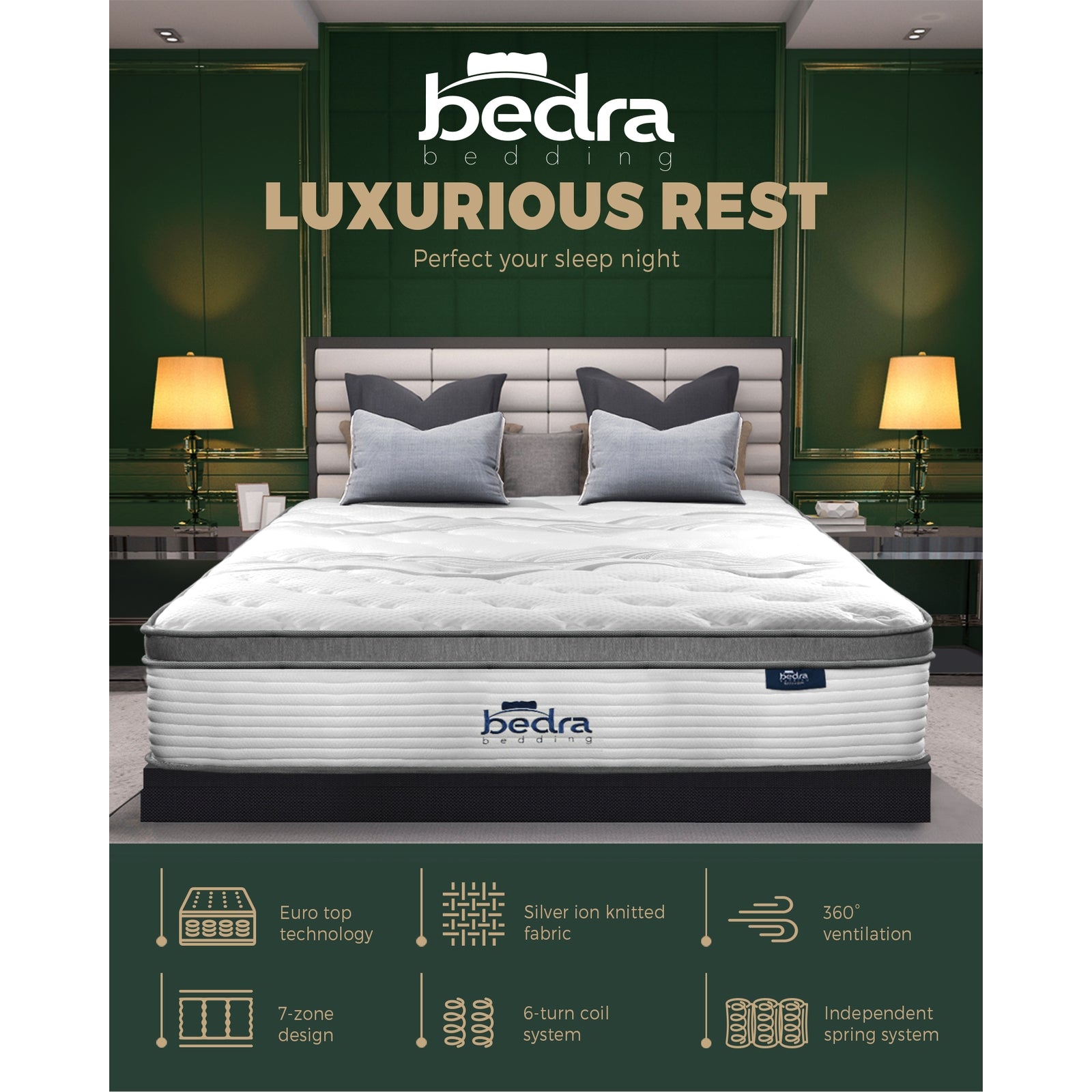 Bedra Double Mattress Bed Euro Top Pocket Spring Ultra HD Foam 34cm 7 zone - Sunyee