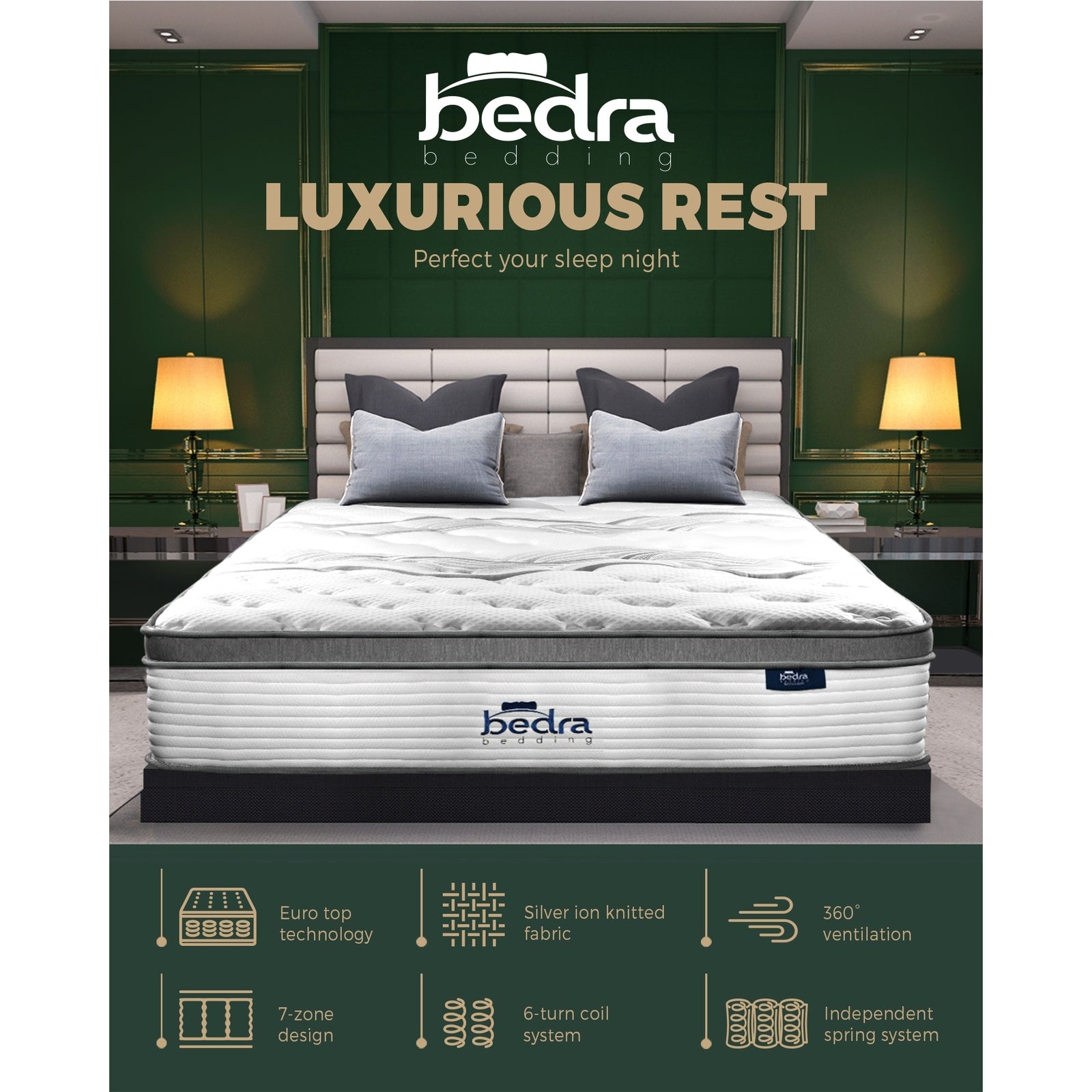 Bedra Queen Mattress Double King Bed Euro Top Pocket Spring Medium Firm 34cm