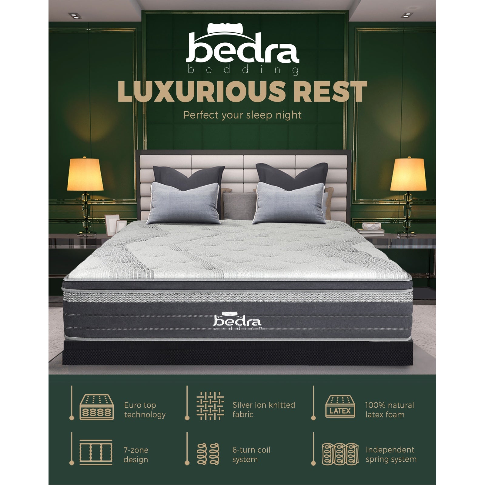 Bedra Double Mattress Breathable Spring Euro Top Natural Latex Foam 36cm 7 zone - Sunyee