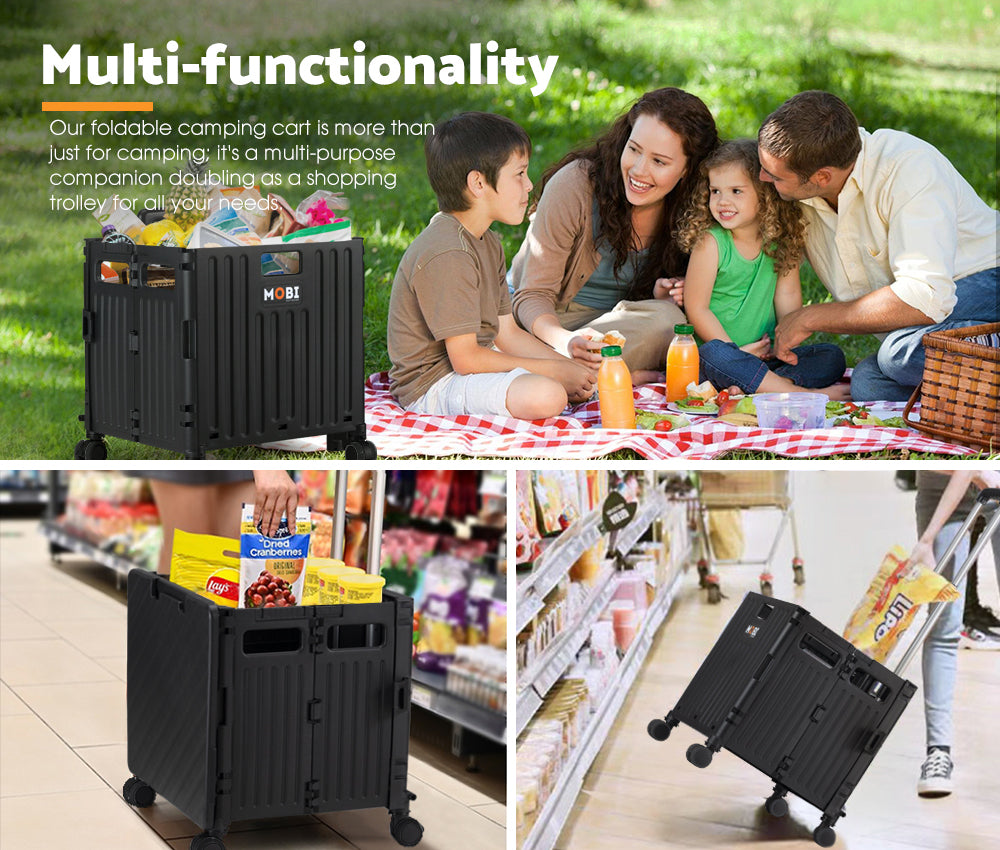 Mobi Shopping Trolley Foldable Camping Cart Grocery Basket 360° Wheel Black - Sunyee