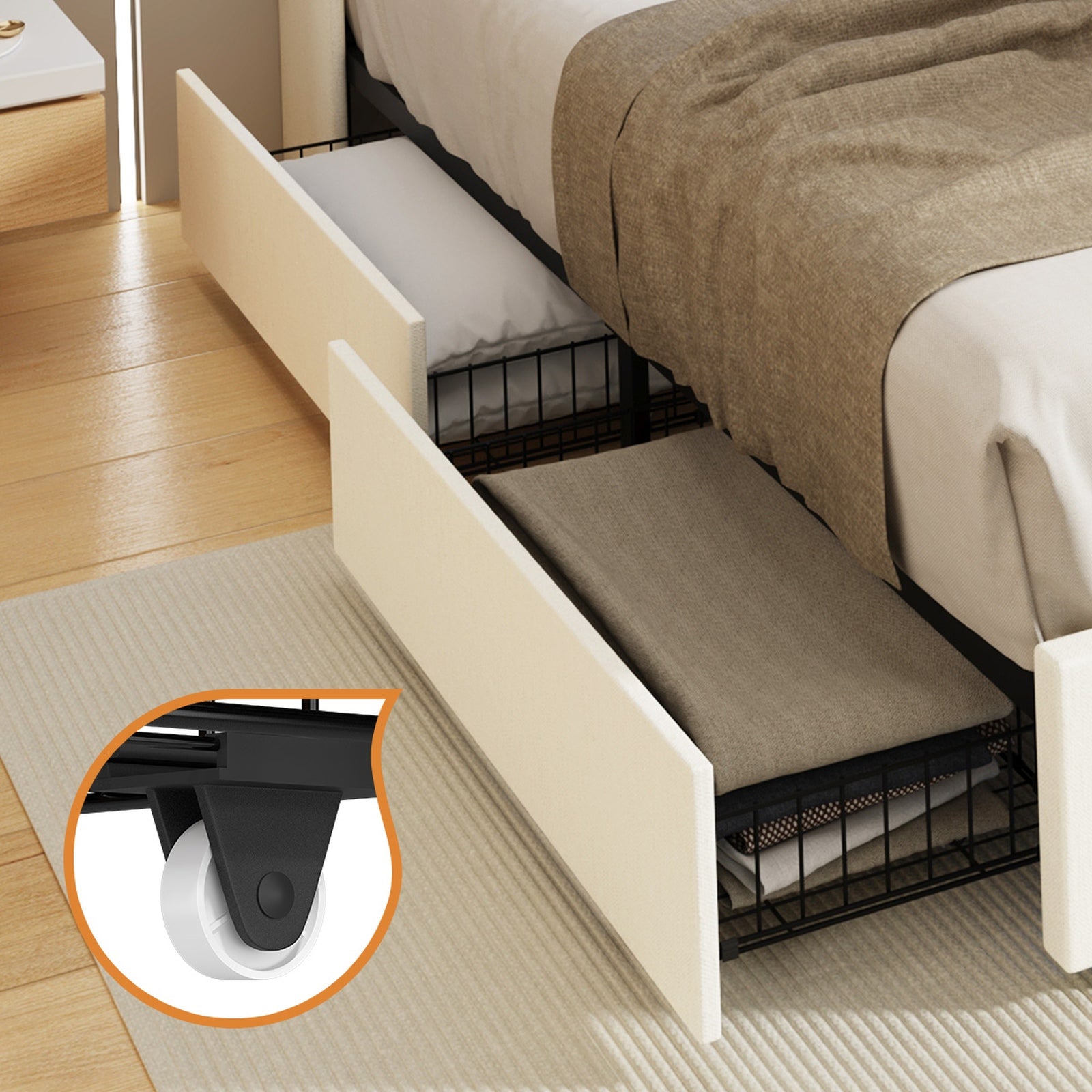 Oikiture 2x Trundle Drawers for Bed Frame w/ Wheels Underbed Storage Metal Beige