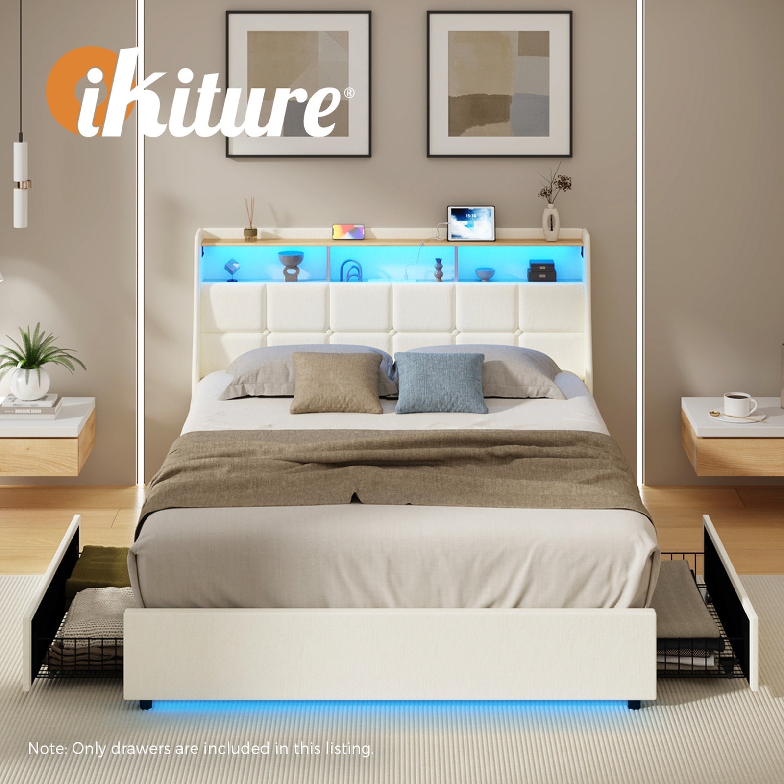 Oikiture 2x Trundle Drawers for Bed Frame w/ Wheels Underbed Storage Metal Beige