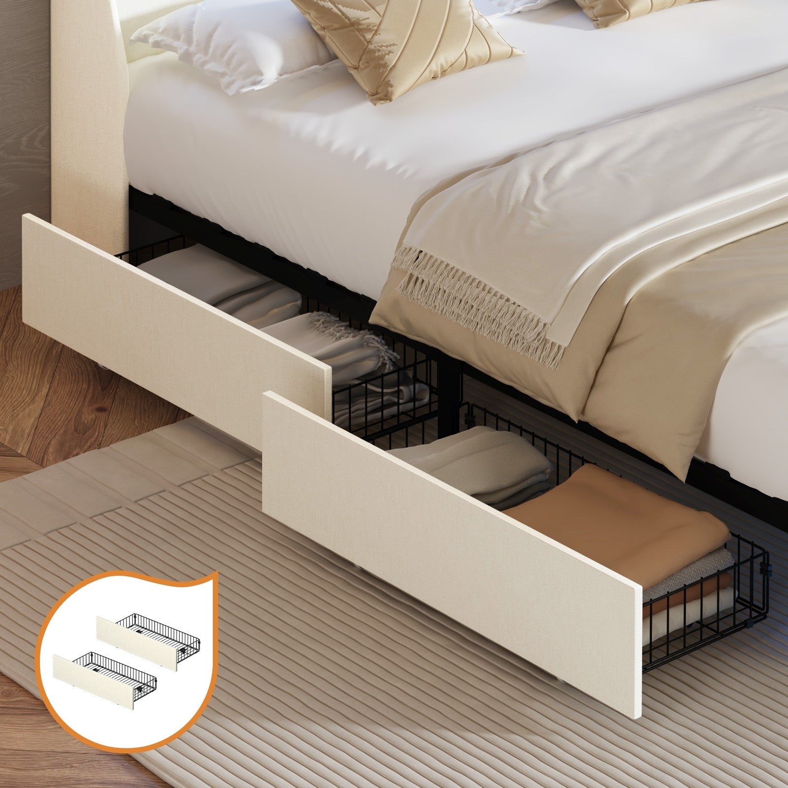 Oikiture 2x Trundle Drawers for Bed Frame w/ Wheels Underbed Storage Metal Beige