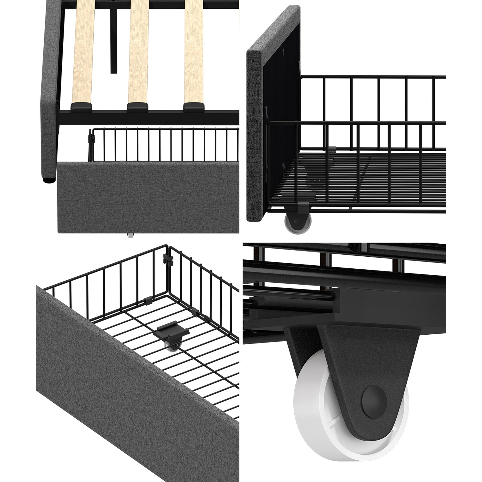 Oikiture 2x Trundle Drawers for Bed Frame w/ Wheels Underbed Storage Metal Grey - Sunyee