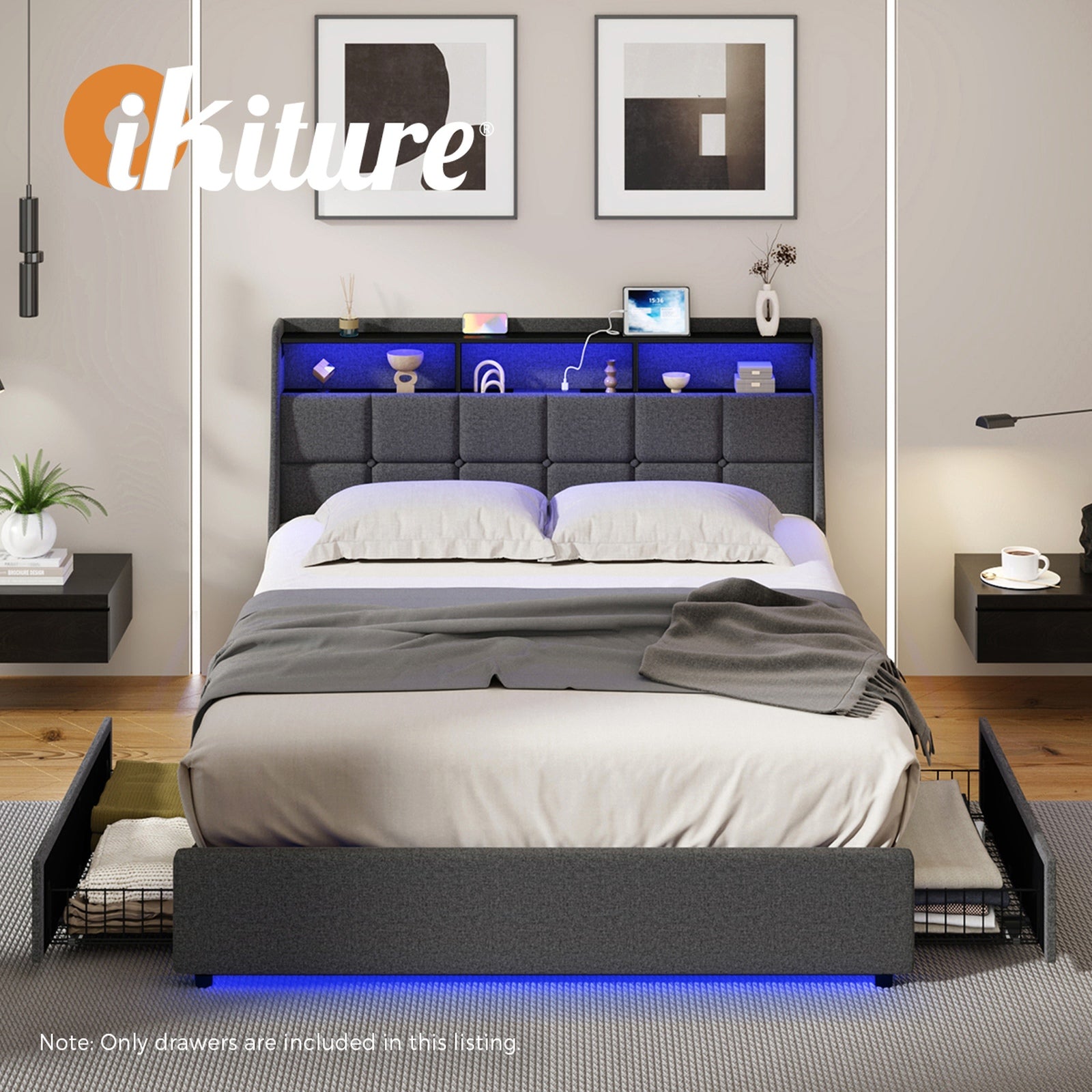 Oikiture 2x Trundle Drawers for Bed Frame w/ Wheels Underbed Storage Metal Grey - Sunyee