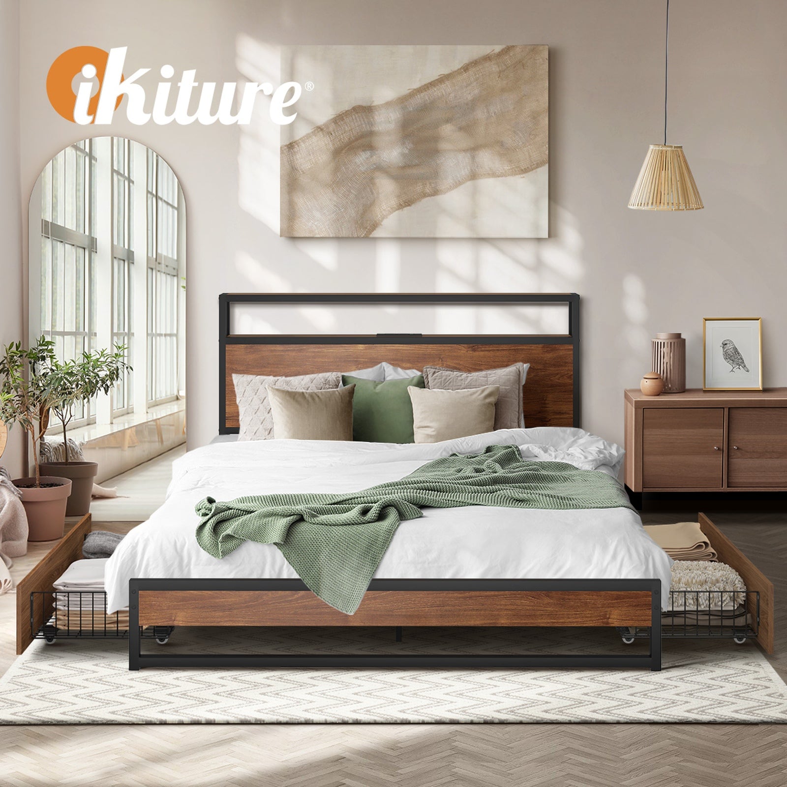 Oikiture 2x Bed Frame Storage Drawers with Wheels Metal Brown