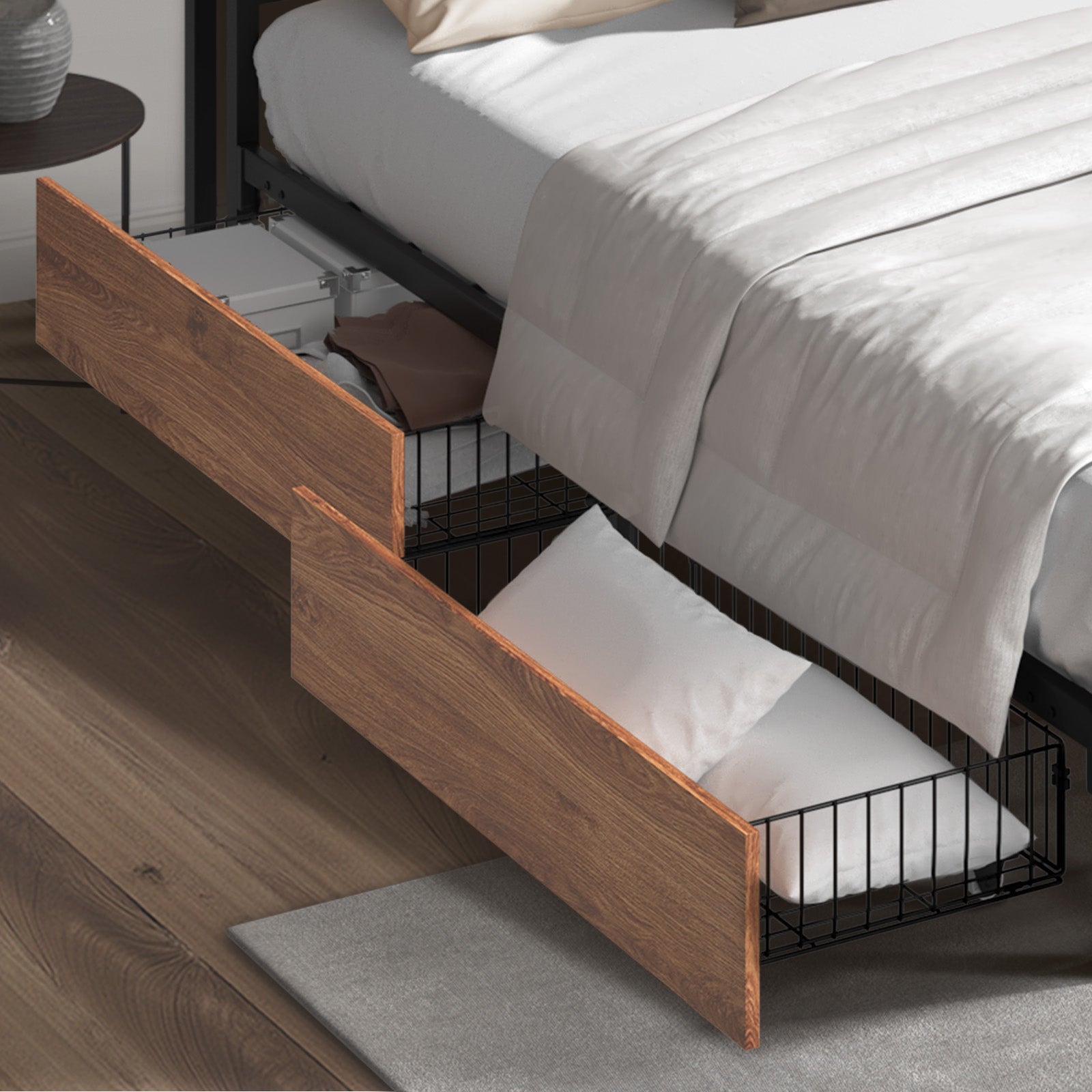 Oikiture 4x Bed Frame Storage Drawers with Wheels Metal Brown