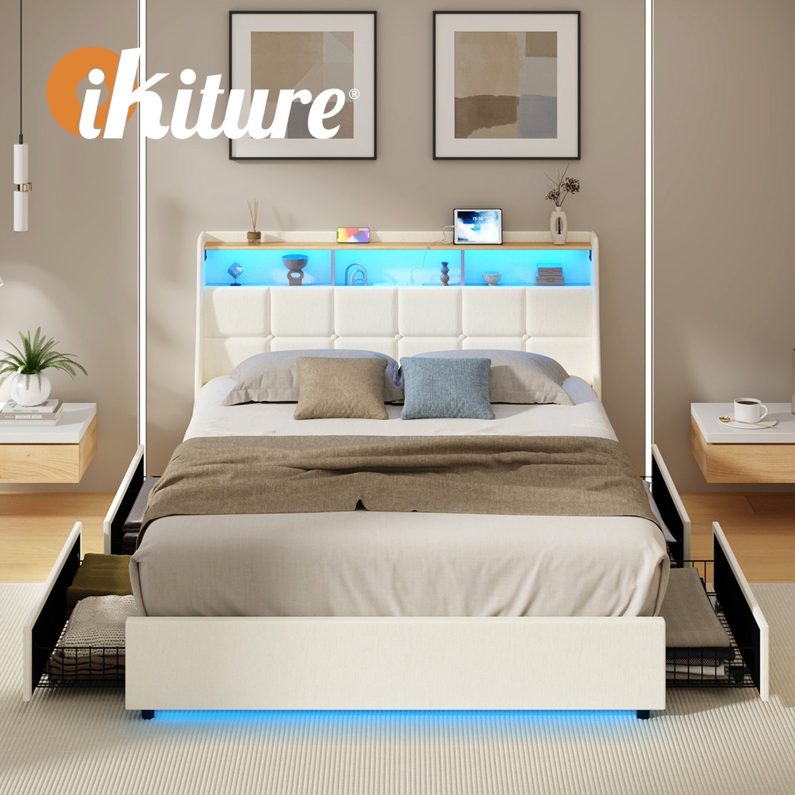 Oikiture 4x Trundle Drawers for Bed Frame w/ Wheels Underbed Storage Metal Beige