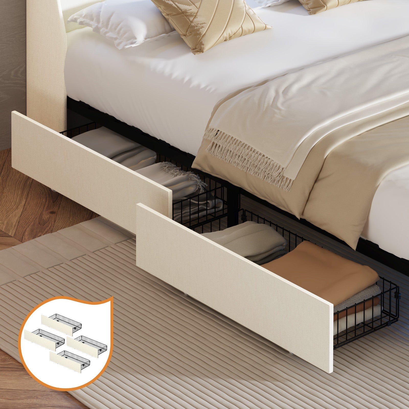 Oikiture 4x Trundle Drawers for Bed Frame w/ Wheels Underbed Storage Metal Beige