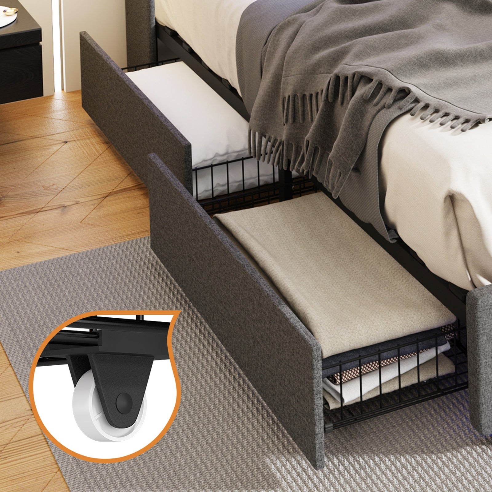 Oikiture 4x Trundle Drawers for Bed Frame w/ Wheels Underbed Storage Metal Grey - Sunyee