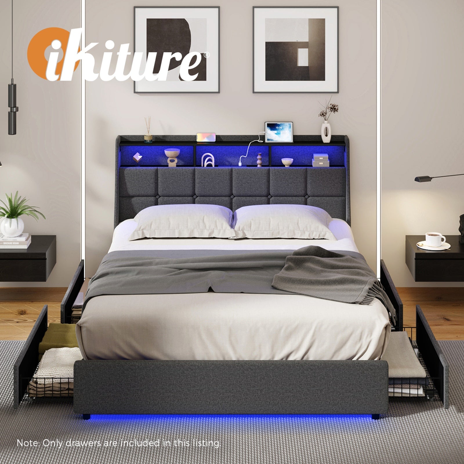 Oikiture 4x Trundle Drawers for Bed Frame w/ Wheels Underbed Storage Metal Grey - Sunyee