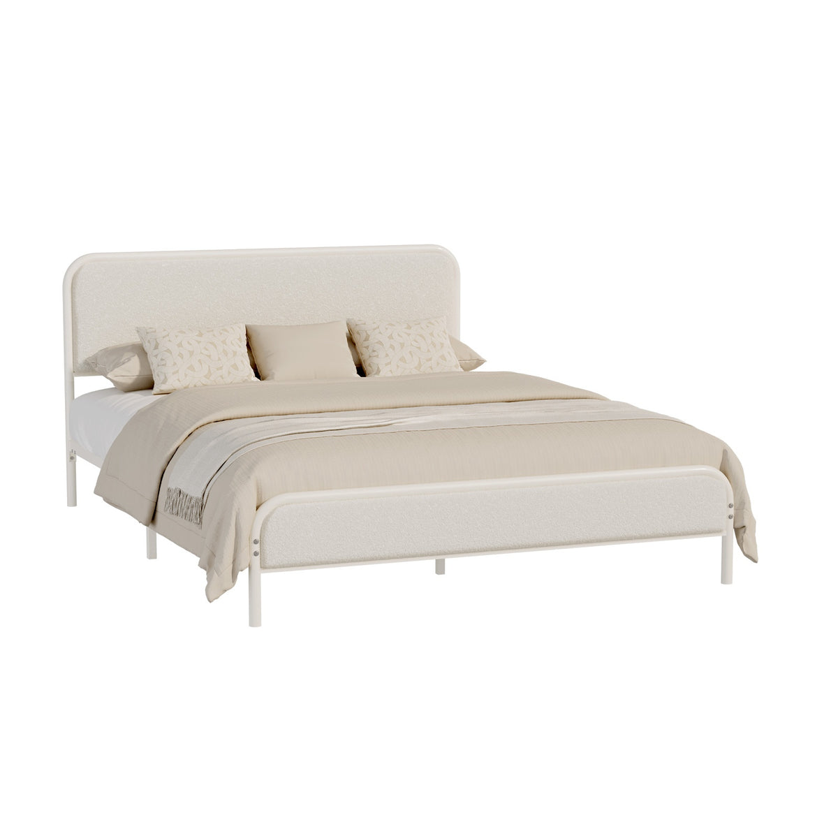 Oikiture Metal Bed Frame Double Size Tufted Bedhead Boucle Fabric Beige