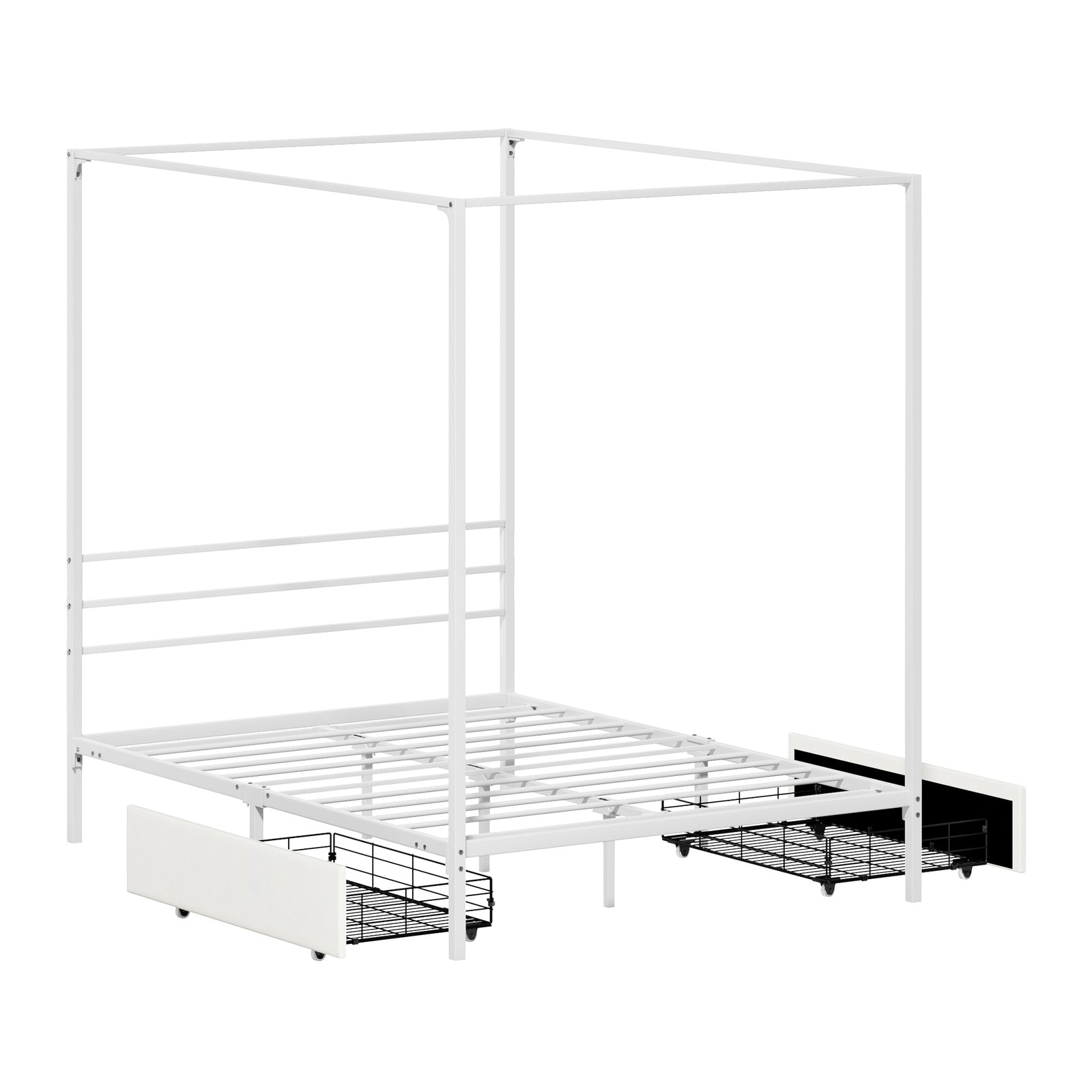 Oikiture Metal Canopy Bed Frame Double Size Beds Platform with 2 Drawers White