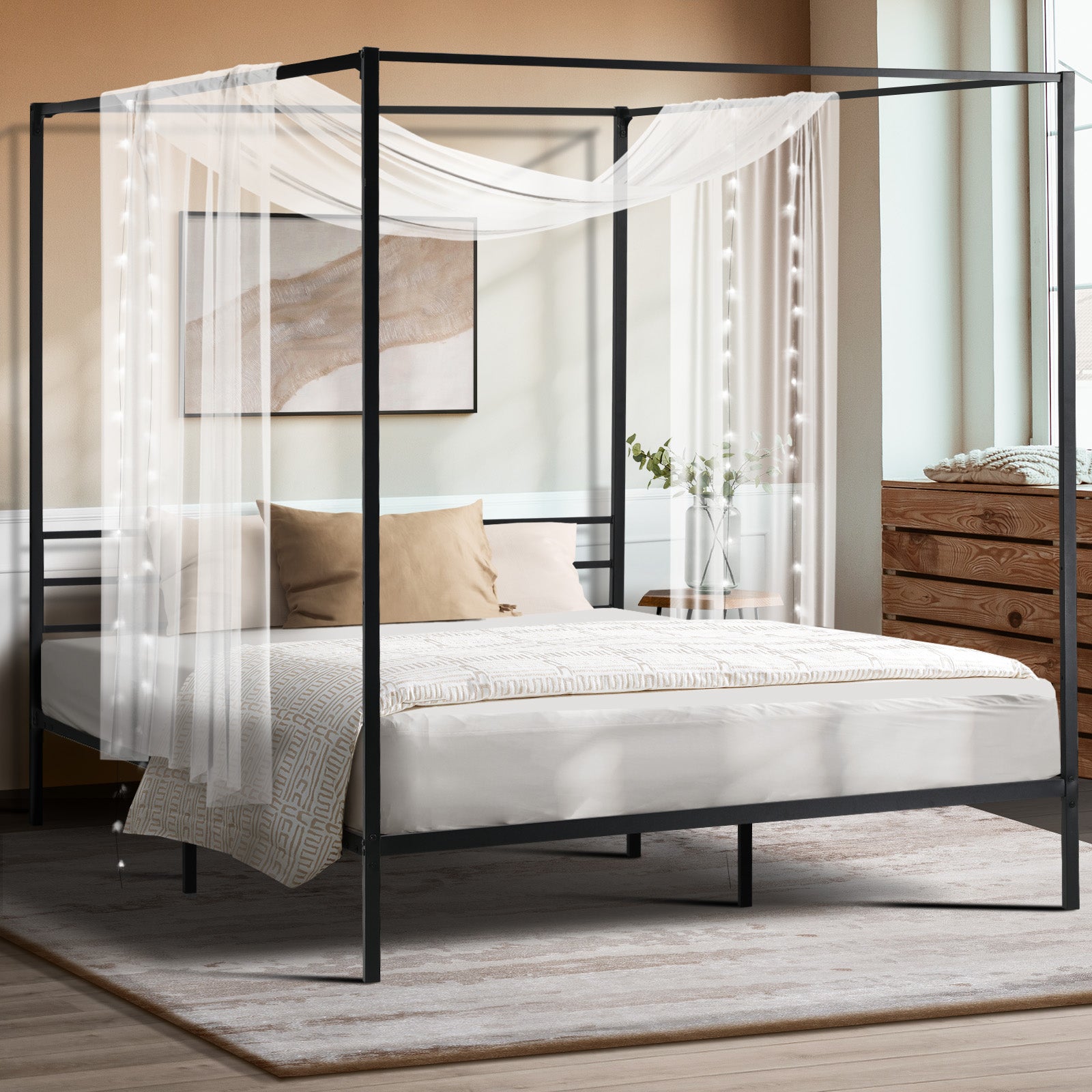Oikiture Metal Bed Frame Queen Double Single Size Canopy Beds Platform