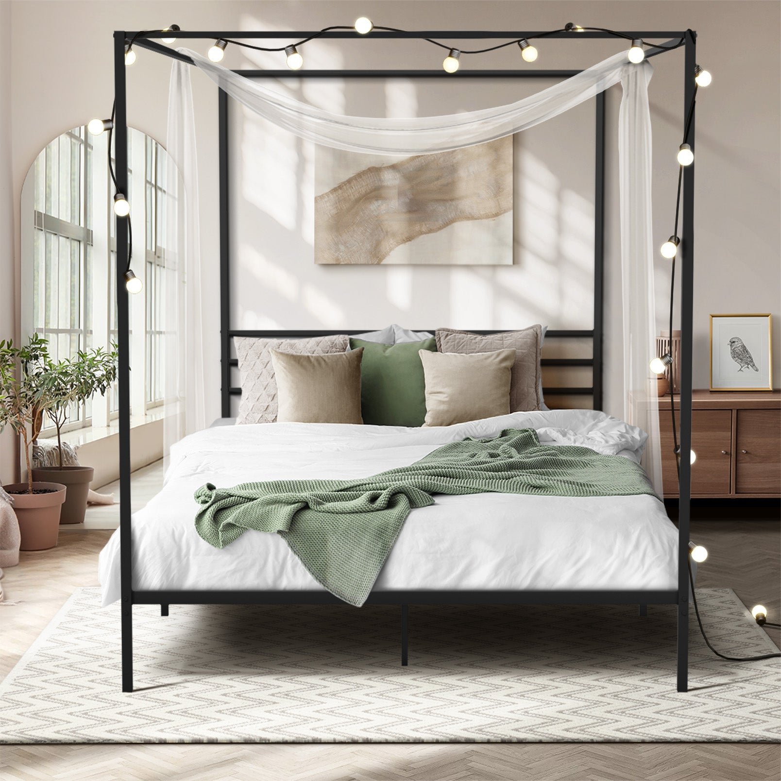 Oikiture Metal Canopy Bed Frame Double Size Platform - Sunyee