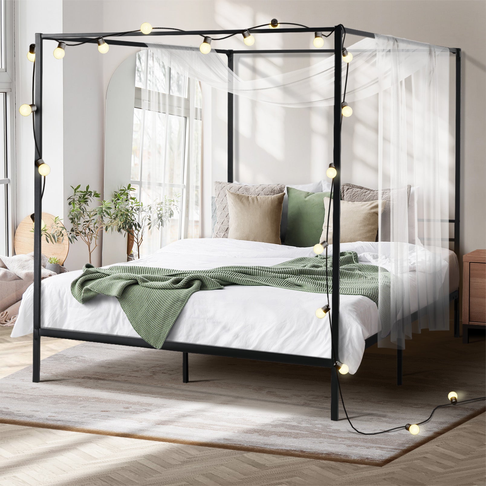 Oikiture Metal Canopy Bed Frame Double Size Platform - Sunyee