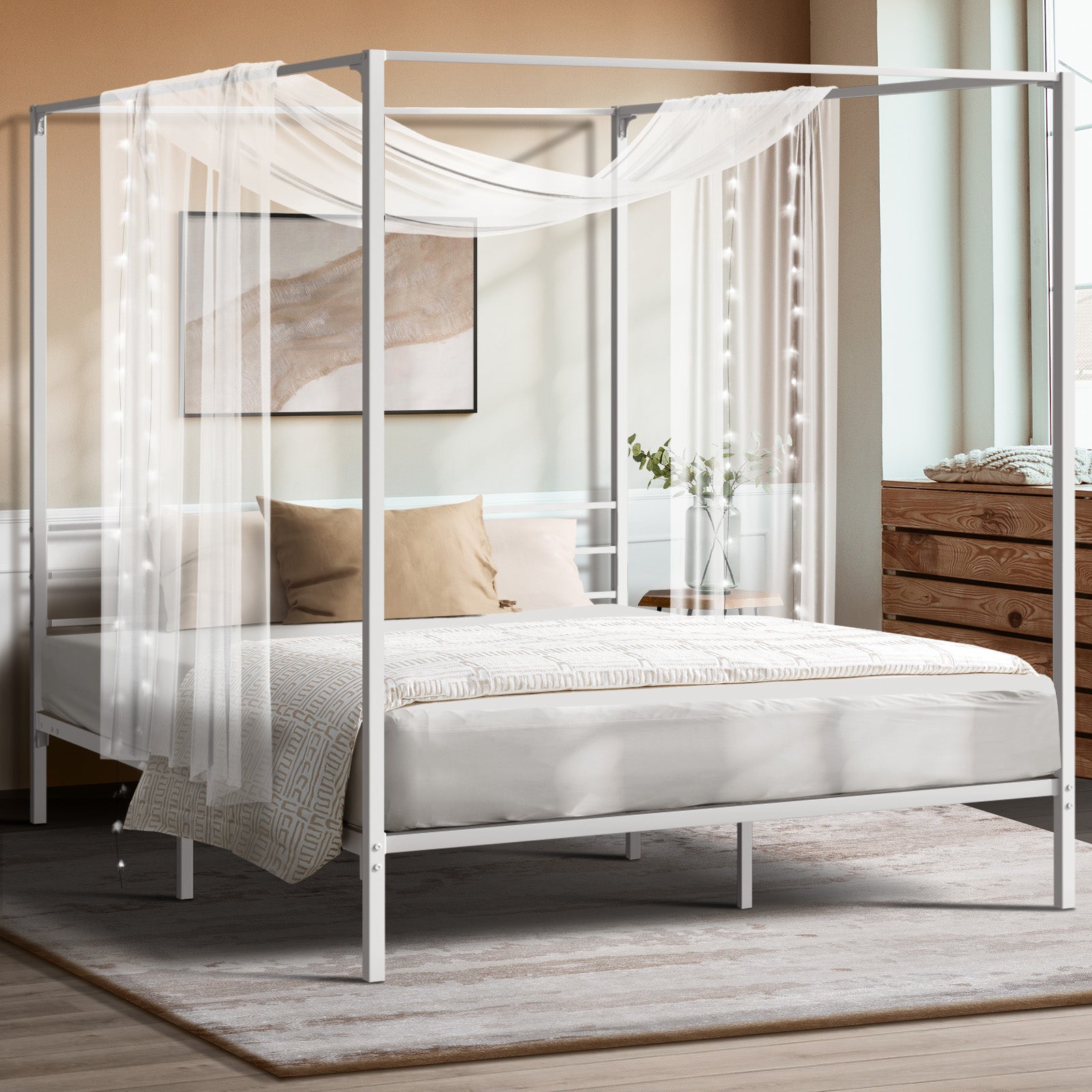 Oikiture Metal Canopy Bed Frame Double Size Beds Platform White - Sunyee